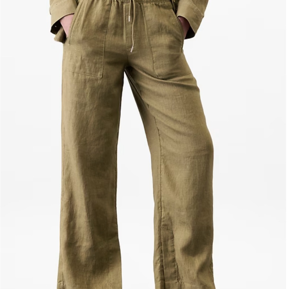 Athleta Retreat Linen High Rise Wide Leg Pant- Olive Branch- XS Tall